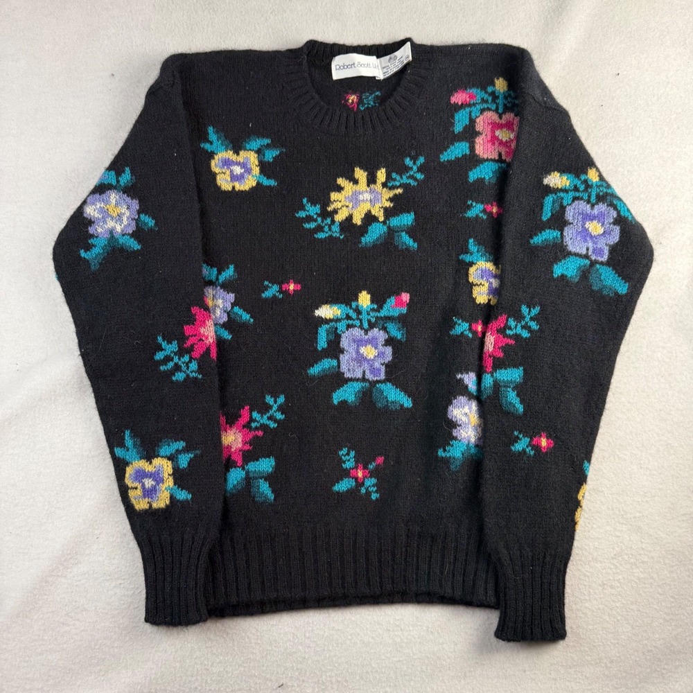 Robert Scott Ltd Vintage Black 100% Pure Wool Floral Intarsia Sweater Size 34